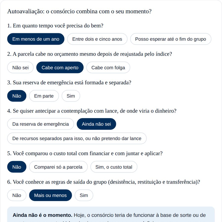 Autoavaliação: O consórcio combina com o seu momento?, na versão interativa do guia