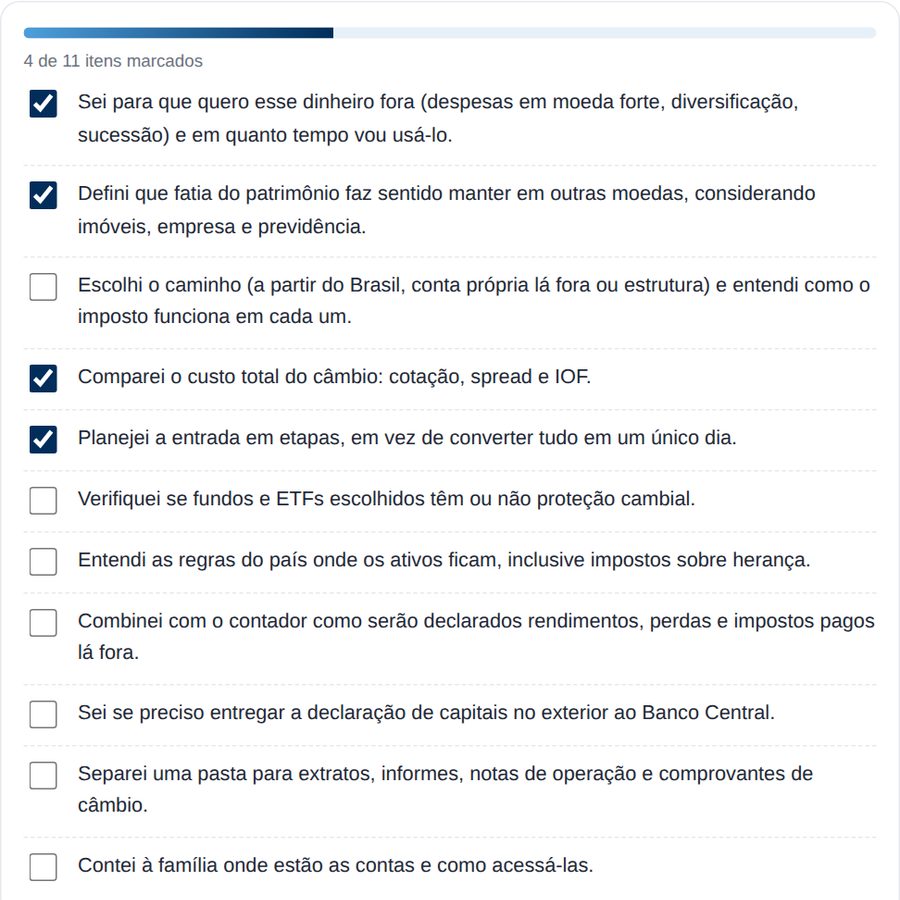 Checklist: Antes de investir fora, na versão interativa do guia