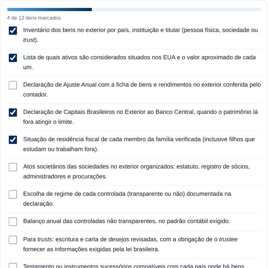 Checklist: Governança do patrimônio no exterior, na versão interativa do guia