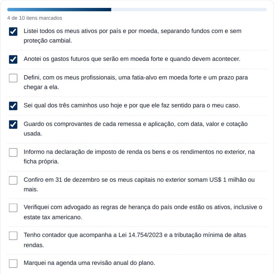 Checklist: O seu plano em moeda forte, na versão interativa do guia